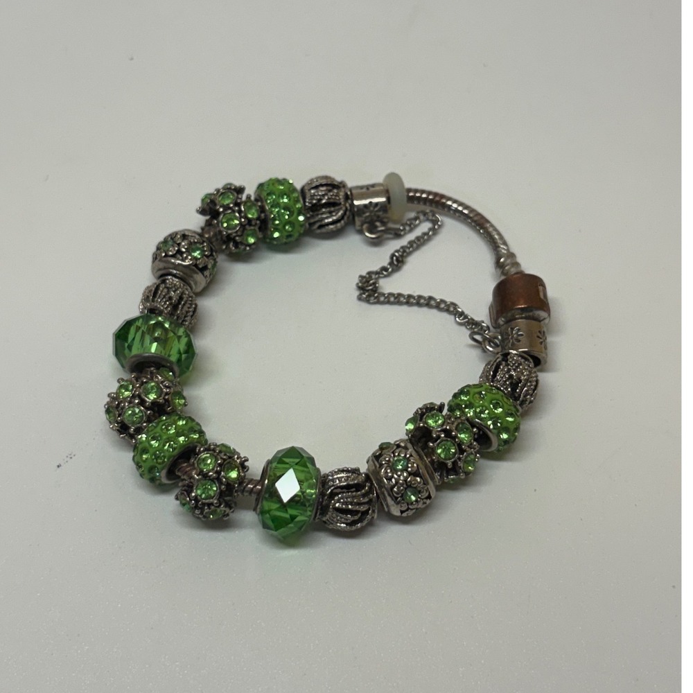 Silver Tone Green Rhinestone and Glass Bead Charm Bracelet with Safety Chain